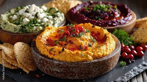 Savory vegan dips such as roasted red pepper, bean hummus, and herb cashew spreads for plant-based appetizers, snacking, or gathering platters