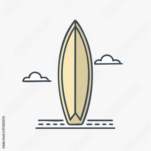 A minimalist illustration of a surfboard standing upright on the sand with two small clouds in the sky