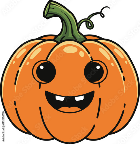 A gleefully smiling cartoon pumpkin illustration with a bright orange body, a green stem, and a face featuring big round eyes and a toothy grin. 