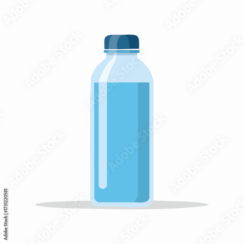A blue plastic bottle with a dark blue cap, filled with liquid, standing upright and casting a subtle shadow below