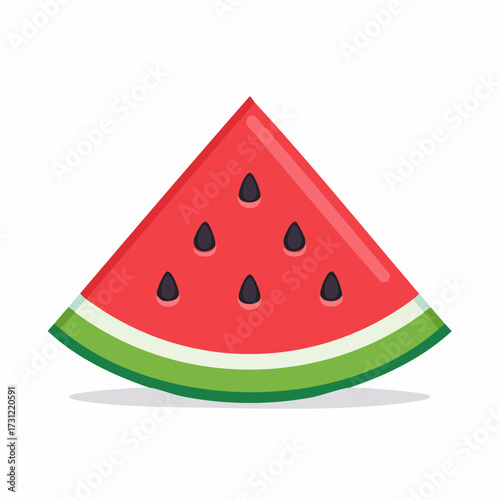 A triangular slice of watermelon with red flesh, black seeds, and a green rind, showing a glossy highlight on the surface