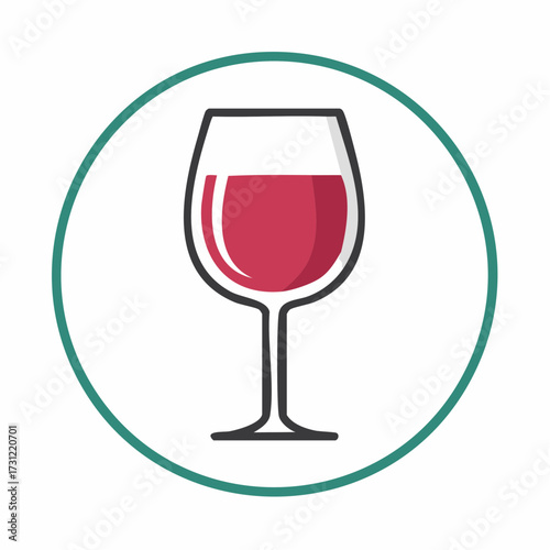 Wine glass filled with red wine, illustrated with a simple outline and a teal circular border