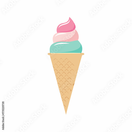 Triple-scoop soft serve ice cream cone with pink, white, and blue swirled flavors in a light brown waffle cone