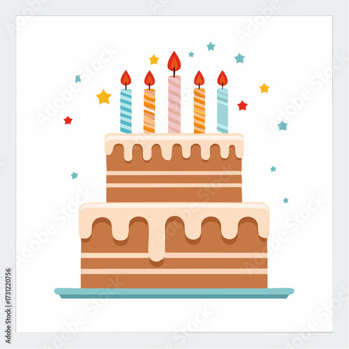 Two-tiered chocolate cake with white frosting and five lit striped candles, surrounded by colorful stars