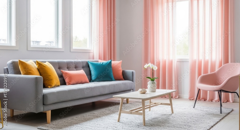 Fototapeta premium Modern Living Room with Colorful Accents and Natural Light
