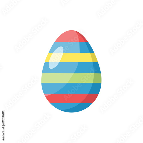 Decorated egg with horizontal stripes in blue, red, yellow, and green colors, featuring a glossy shine and smooth surface