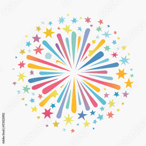 Colorful abstract firework burst composed of varied elongated shapes and star icons radiating symmetrically from a central point in multiple bright hues