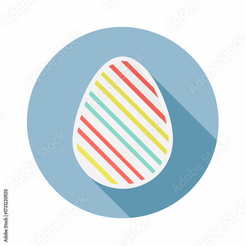 White egg-shaped object with diagonal red, yellow, and teal stripes centered in a blue circle with a long shadow effect