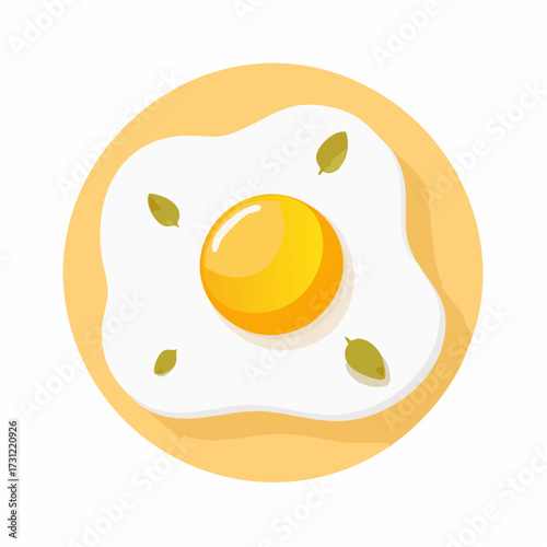 A sunny-side-up fried egg with a bright yellow yolk and white edges, garnished with four small green leaves, displayed on a round plate
