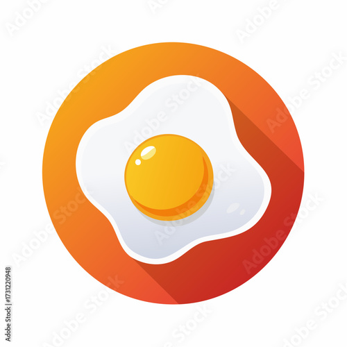 A stylized fried egg with a bright yellow yolk and white edges, depicted in a flat design with a long shadow on an orange circular background