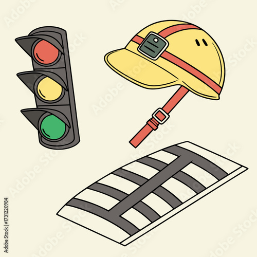 Collection of safety and traffic control elements including a traffic light hard hat and speed bump
