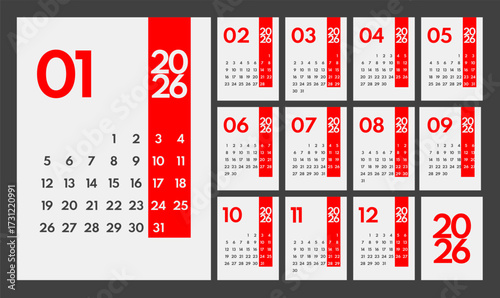 2026 year monthly office planner, 12 month calendar starts monday, web page design element template, mobile app mockup, two red weekends, white background