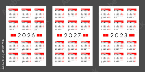 2026 2027 2028 pocket size 12 month calendars, whole year grid, english month names, monday first, two weekends