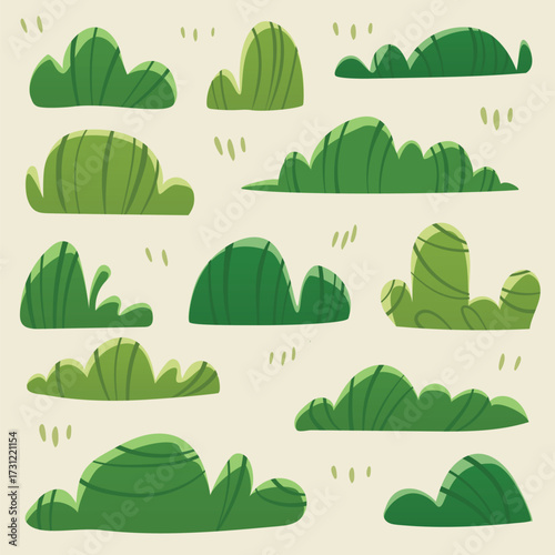 Isolated Abstract Green Bush and Grass Vector — Cartoon Nature Element for Garden Decoration for Children Theme