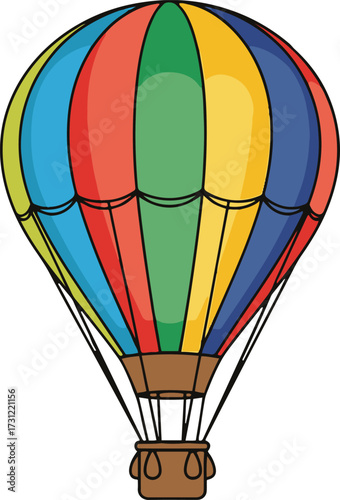 A vibrant, brightly multicolored hot air balloon illustration. 