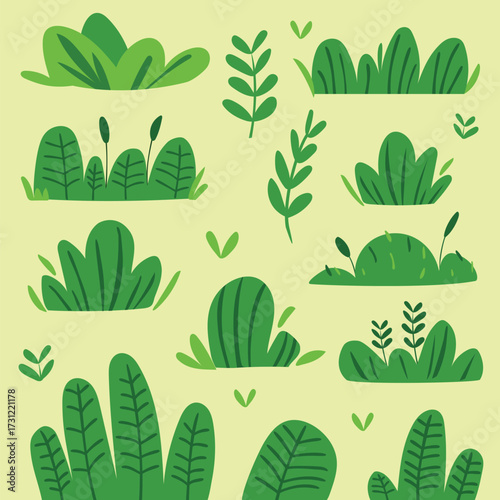 Isolated Green Bush and Grass Vector — Cartoon Nature Element for Garden Decoration for Children Theme