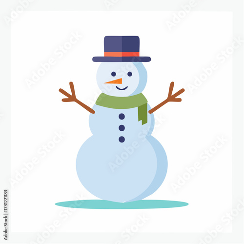 A cheerful snowman with a navy blue hat, orange carrot nose, green scarf, and stick arms smiling warmly