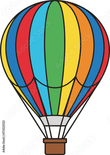 A vibrant, brightly multicolored hot air balloon illustration. 