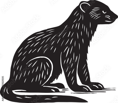 Black and white linocut illustration of a stylized weasel or ferret sitting attentively on a flat surface