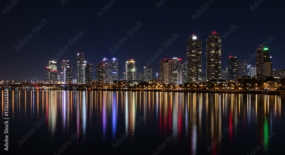Fototapeta premium Night Cityscape Reflection Over Water with Vibrant Lights