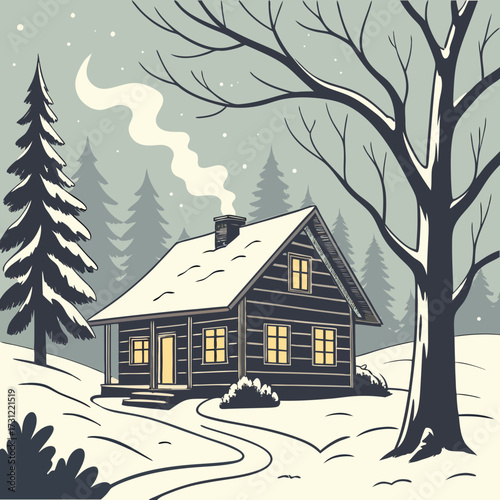 Cozy log cabin in a snowy winter landscape with smoke rising from chimney