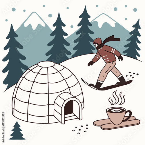 Cozy winter scene with snowboarder igloo and hot coffee