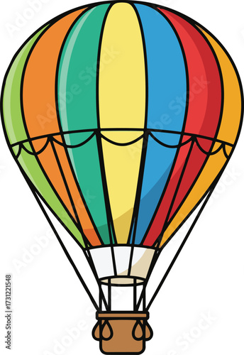 A vibrant, brightly multicolored hot air balloon illustration. 