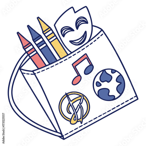 Creative art supplies in a pouch with symbols for theater music and global learning