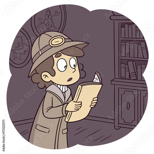 Curious child detective in a trench coat and hat reads a mysterious book in a dimly lit library