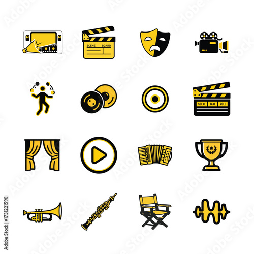 Duotone icons celebrating cinema theater music performance and artistic expression vibrant visuals