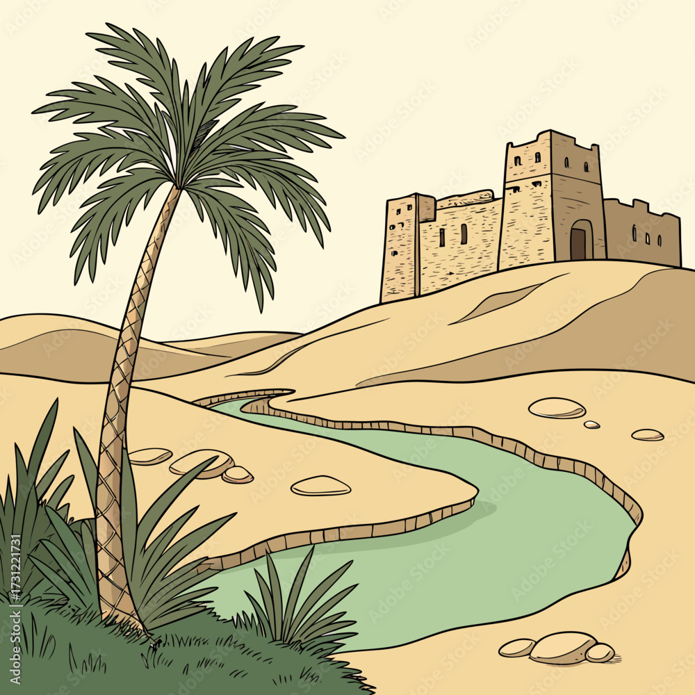 Samolepka Desert oasis with a palm tree winding river and ancient fortress on a sandy hill