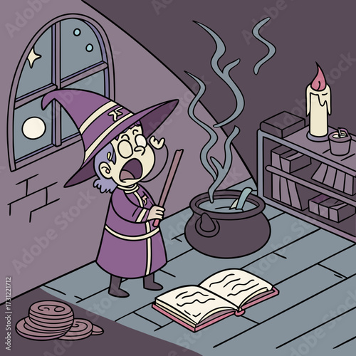Cute cartoon witch casting a spell with a magic wand over a bubbling cauldron