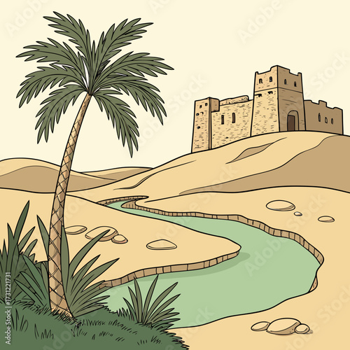Desert oasis with a palm tree winding river and ancient fortress on a sandy hill