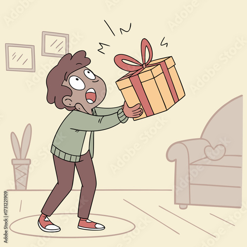 Excited child receiving a surprise gift box with a red ribbon and bow