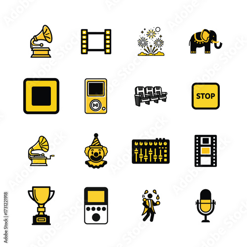 Duotone icon set celebrating music film and entertainment visuals