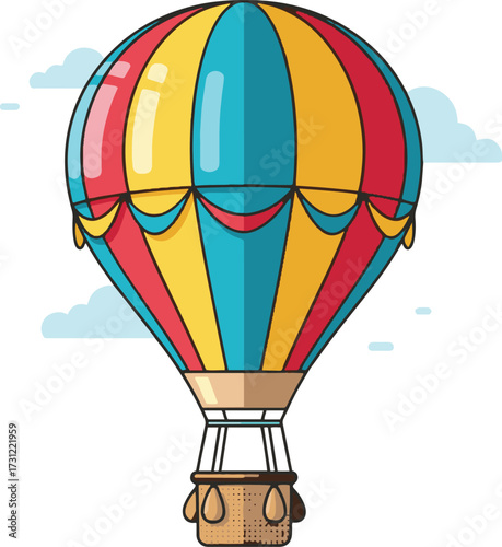 A vibrant, brightly multicolored hot air balloon illustration. 