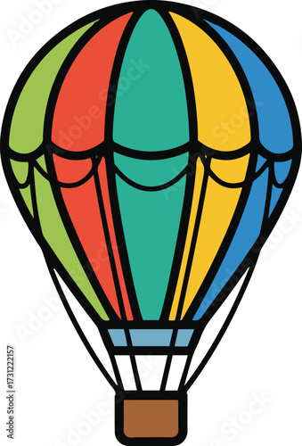 A vibrant, brightly multicolored hot air balloon illustration. 