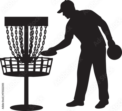 Disc golf player silhouette reaching for a putt into the basket isolated on white background