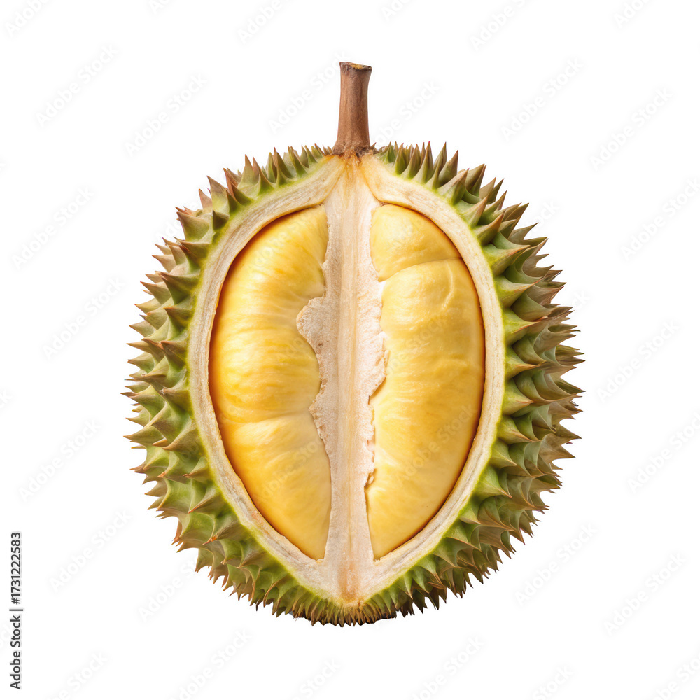 Fototapeta premium A durian fruit cut in half, revealing its creamy yellow flesh and spiky exterior.