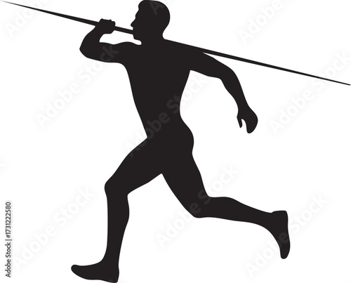 Dynamic silhouette athlete throwing a javelin in mid run isolated on white background