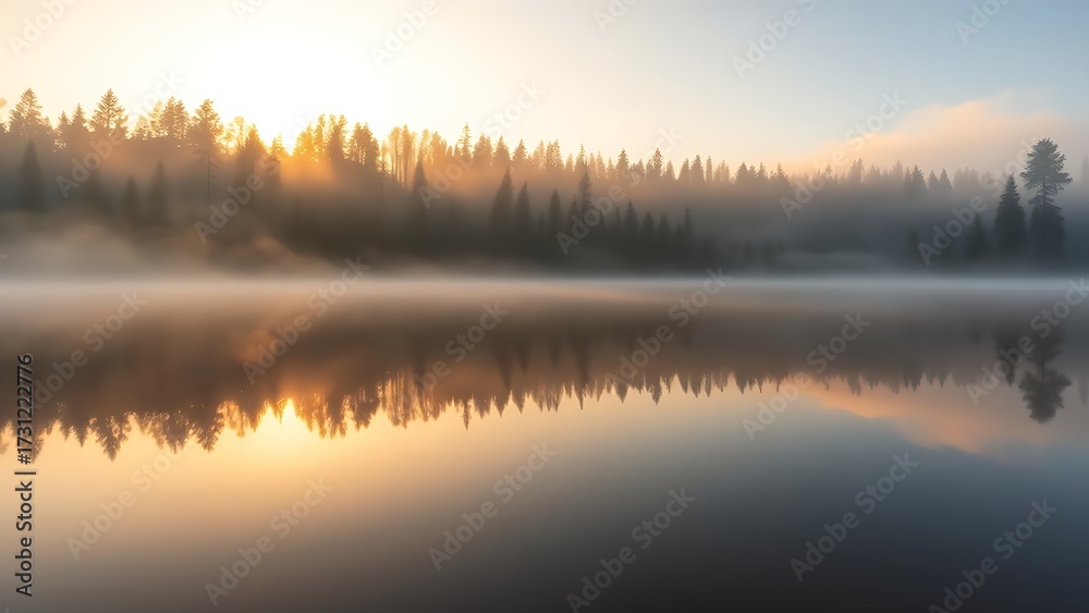 Fototapeta premium Tranquil forest scene mirrored in a peaceful lake, bathed in warm morning light with gentle mist.
