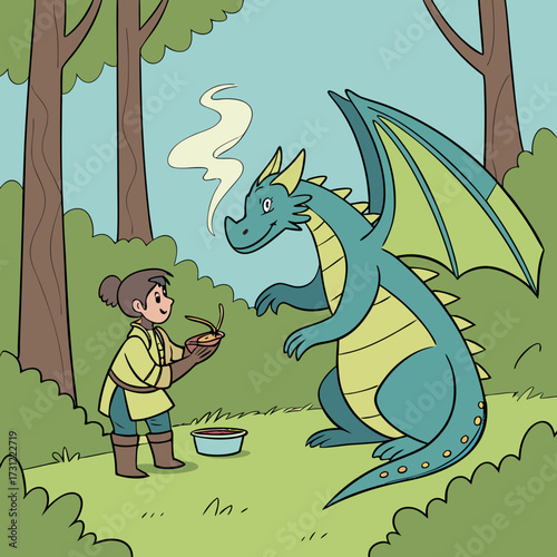 Friendly cartoon dragon and child sharing a meal in a forest setting