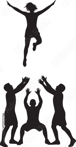 Dynamic silhouette cheerleader being lifted by a team isolated on white background