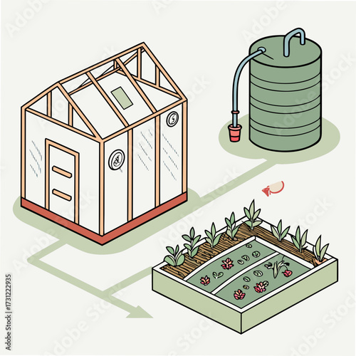 Illustration of a greenhouse connected to a water tank and a raised garden bed