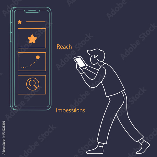 Man using smartphone to track digital marketing reach and impressions with app interface