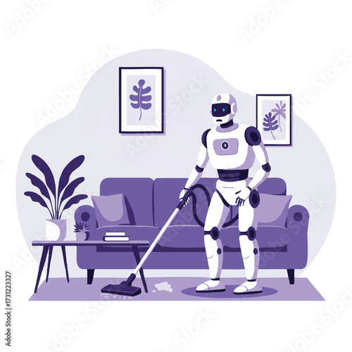A cheerful flat 2D vector illustration depicts a domestic robot efficiently vacuuming a modern living room, with a comfy sofa and coffee table, creating a perfectly tidy and organized space.
