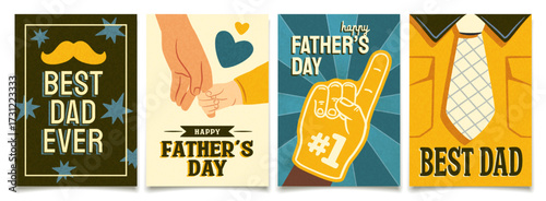 Happy Fathers Day greeting cards. Posters of dad hand holding child hand. Celebration or invitation design elements. Flat vector illustration collection