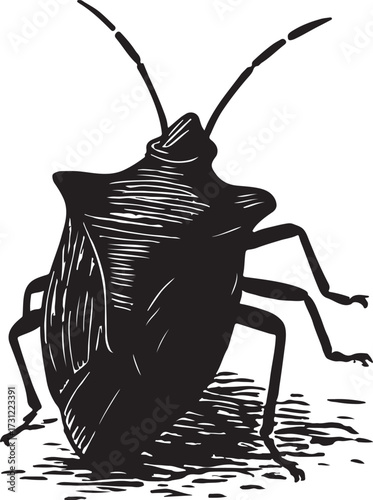 Detailed black silhouette illustration of a stink bug insect with visible legs and antennae on a white background