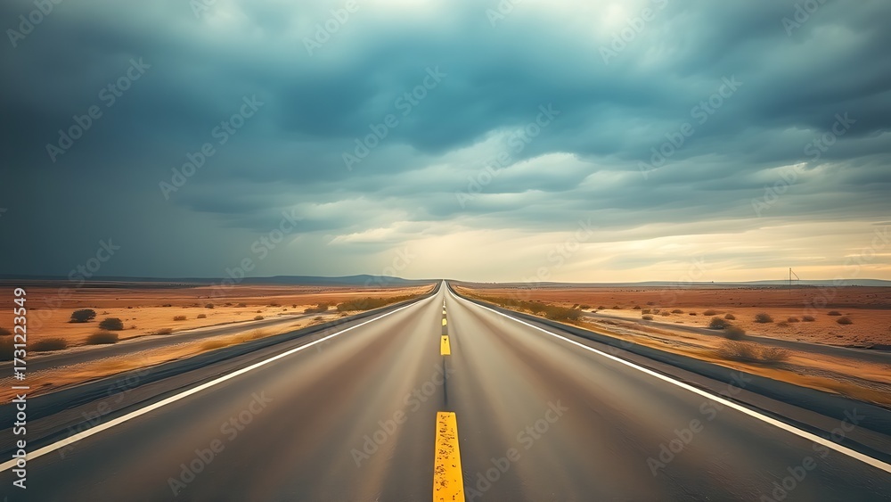 Naklejka premium Moody overcast sky over an expansive empty roadway with atmospheric depth.