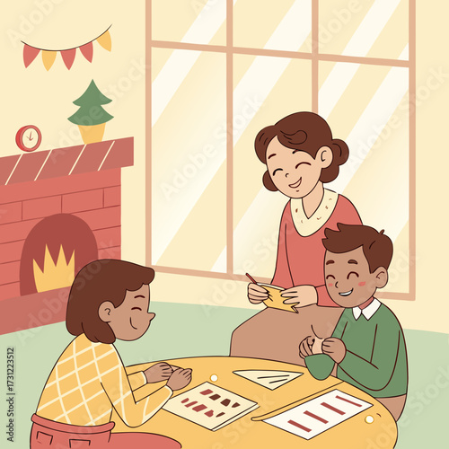 Mother and two children doing crafts and activities together by the fireplace during winter holidays